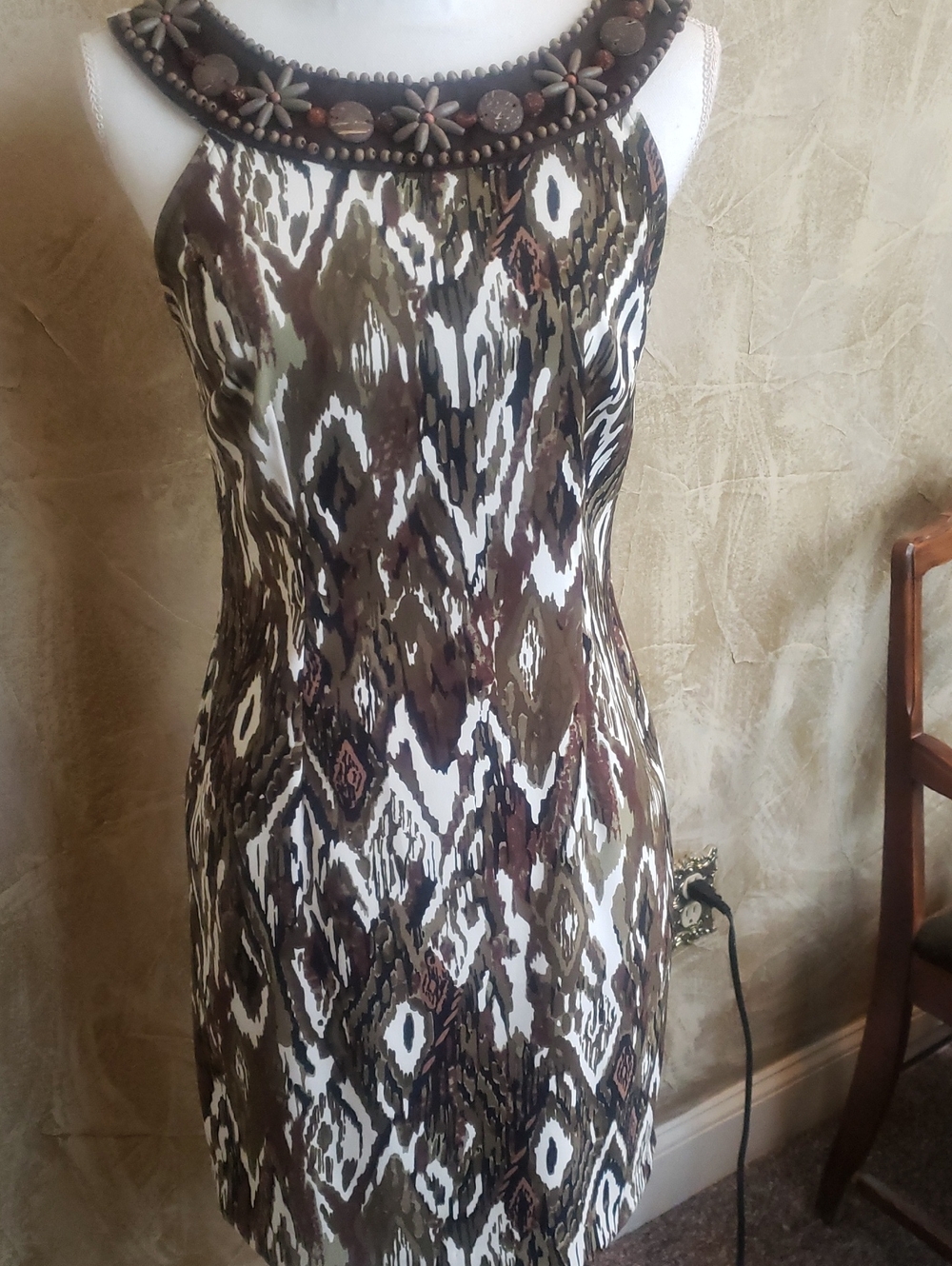 dressbarn Brown and White Ikat Mini Dress with Beaded Neckline